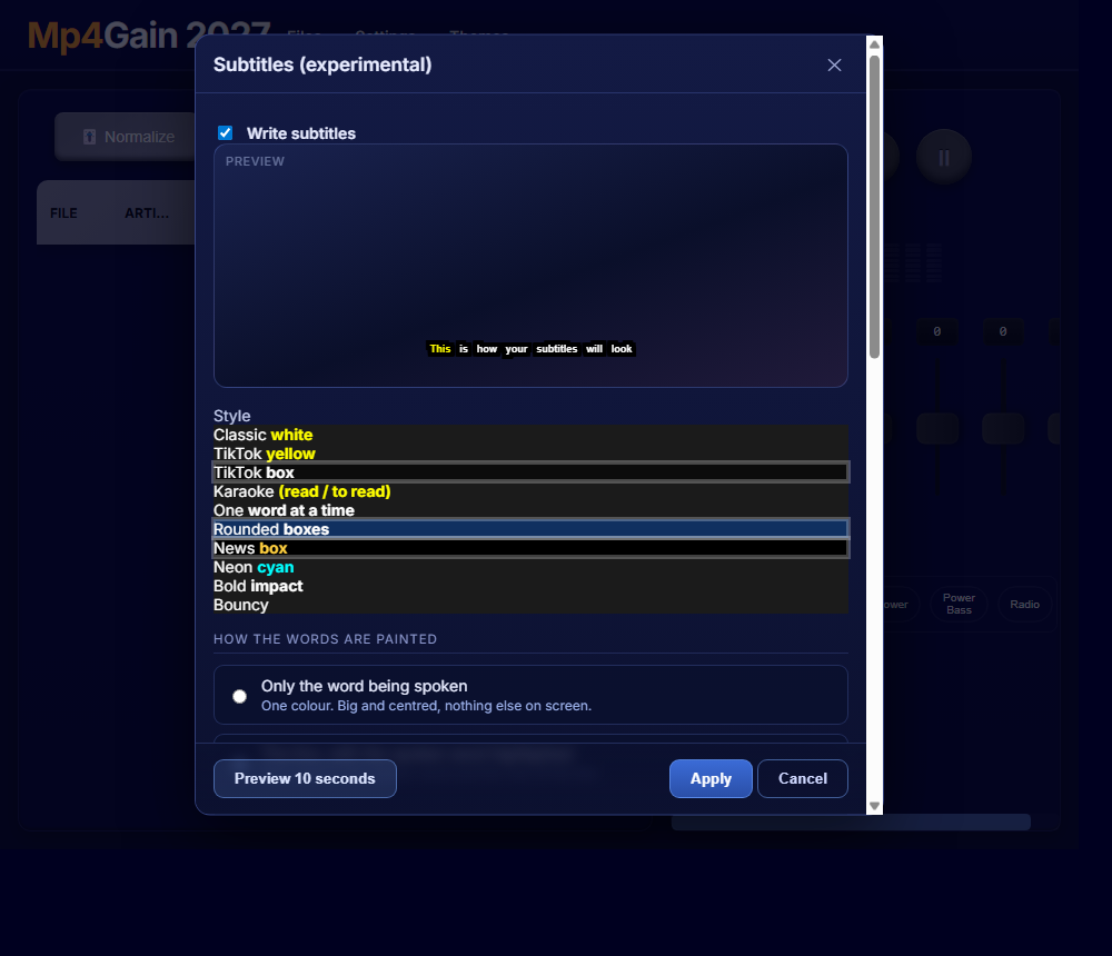 Mp4Gain 2027 subtitle window showing the styles and the preview